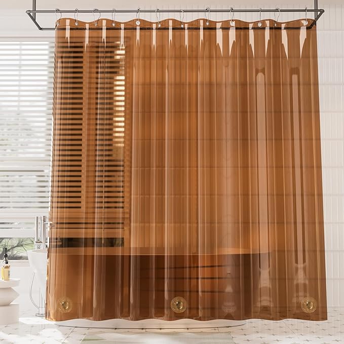 AmazerBath Premium EVA Shower Curtain Amber, Luxury Shower Curtain Clear Brown Jelly-Like Soft, Waterproof Clear Brown Shower Liner with 3 Weighted Stones and 12 Grommets, Recyclable Packaging