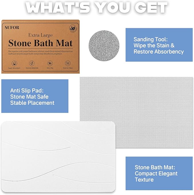 32"x20" Stone Bath Mat 2Pack, Diatomaceous Earth Shower Mat, Non-Slip Super Absorbent Quick Drying Bathroom Floor Mat, Natural, Easy to Clean (Milky White)