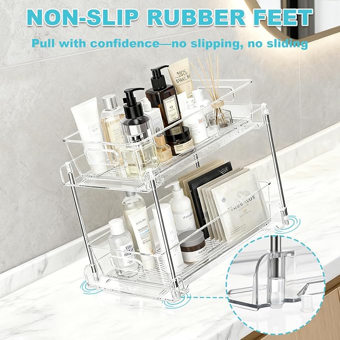 2 Tier Under Sink Organizer Bathroom Organizers and Storage, Clear Stackable Bathroom Cabinet Organizer, Multipurpose Pull-Out Home Organizer for Kitchen and Pantry Storage 2 Pack