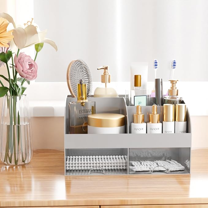 Makeup Organizer with Drawers, Cosmetic Storage for Dresser Vanity and Bathroom Countertop, Beauty Holder for Lipstick Brush, Skincare Organizer for Vanity, Cosmetic Display Case (Grey)