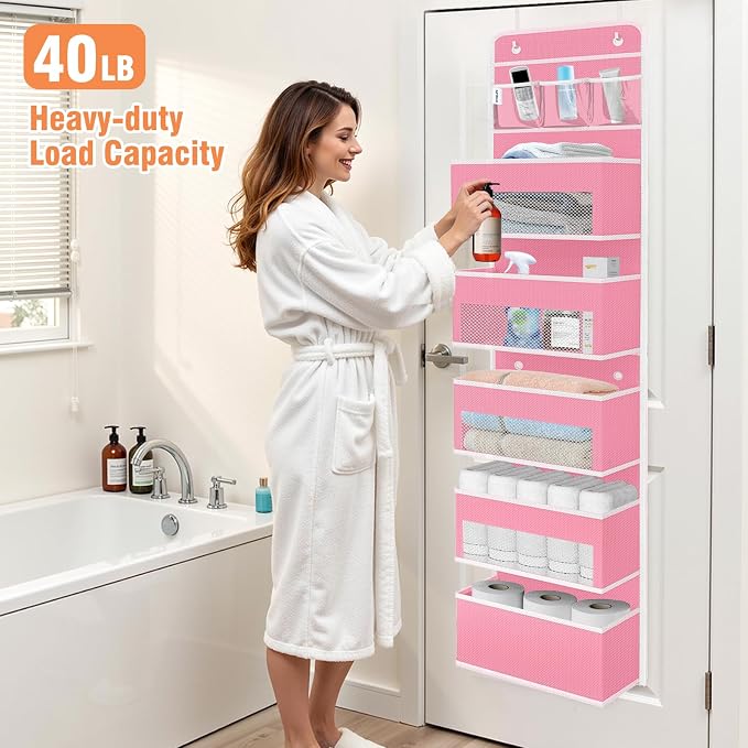 WISELIFE Over the Door Organizer - 6 Shelves Detachable Hanging Bedroom Storage Solution with 5 Large Pockets and 3 PVC Pockets for Dorm Bathroom, Pantry Nursery Baby Essentials (Pink)