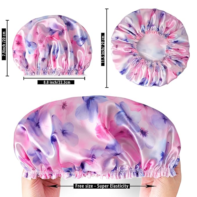 4 PCS Shower Caps for Women, 3D Printing Bath Caps, Double Layers Shower Cap Reusable Waterproof, Bathing Shower Caps, Environmental Protection Hair Bath Hat - Flower C