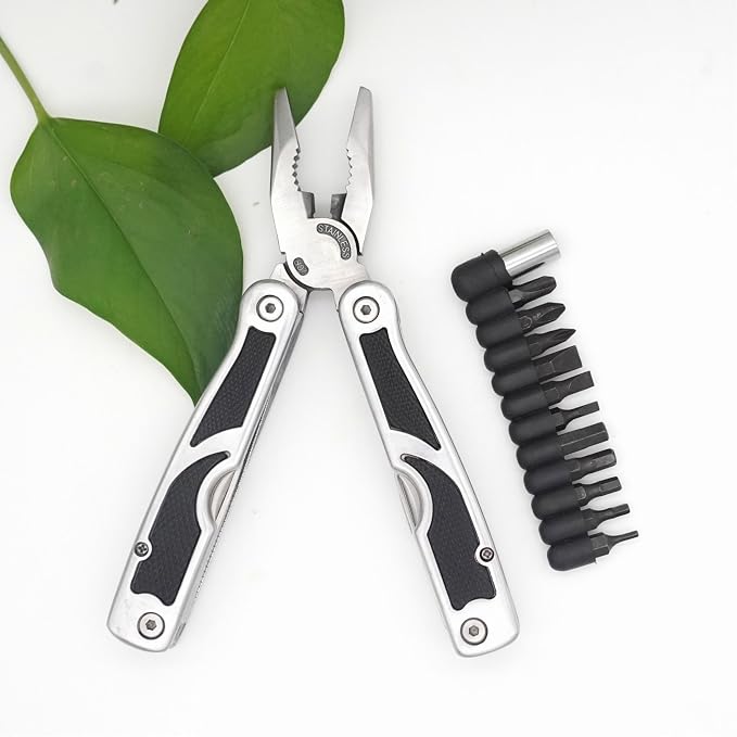 PLB027 stainless steel multi-function plier. 27 functions with knife, fish scaler, screwdrivers, can and bottle opener, 11 bits and 1 socket. Hand size and easy to carry and use indoor, outdoor