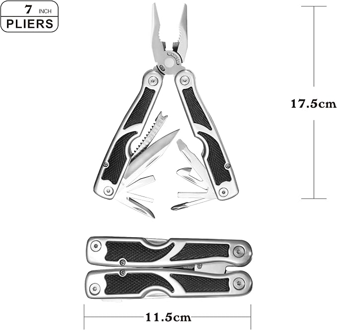 PLB027 stainless steel multi-function plier. 27 functions with knife, fish scaler, screwdrivers, can and bottle opener, 11 bits and 1 socket. Hand size and easy to carry and use indoor, outdoor