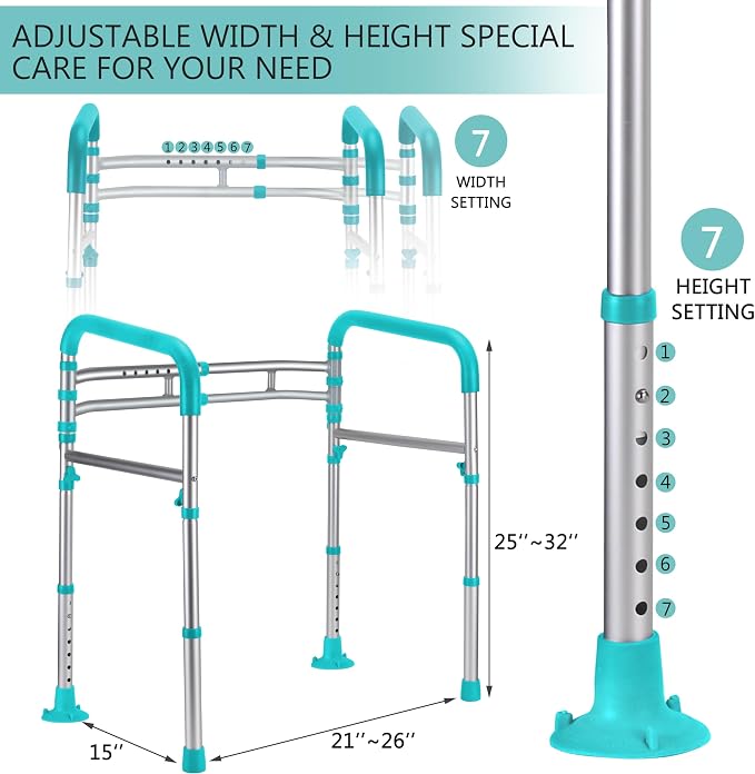 Lianjindun Toilet Safety Rails (350 lb), Adjustable Toilet Frame for Elderly, Seniors, Handicap & Disabled, Foldable Handicap Toilet Handles Fit Any Toilets（Peacock Blue）