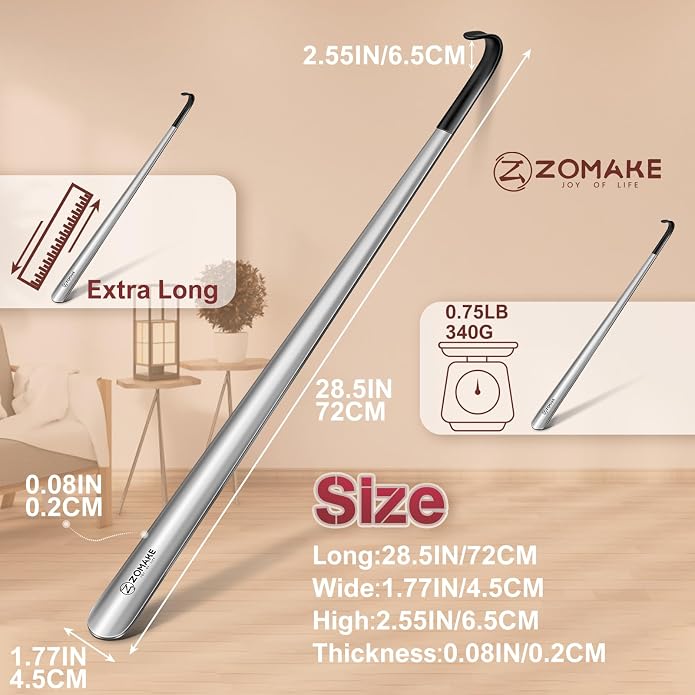 ZOMAKE Shoe Horn Long Handle for Seniors Men Women,Metal Long Shoehorn Boot Horn,16.5" Stainless Steel Shoe Spoon Helper
