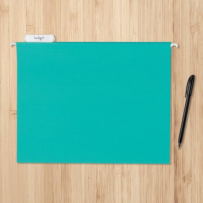 Amazon Basics Hanging File Folders with Adjustable Tabs for Document Organization, Letter Size, Aqua, 25-Pack