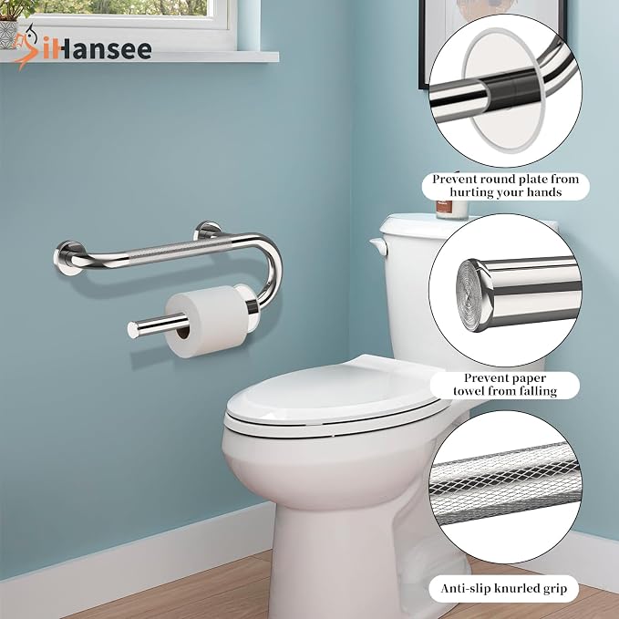 𝐔𝐩𝐠𝐫𝐚𝐝𝐞𝐝 Toilet Grab Bars 16 Inch - Toilet Paper Holder Grab Bar Stainless Steel Knurled Toilet Grab Bars for Seniors Bathtub Bathroom Rails for Elderly Safety Balance Support, Chrome