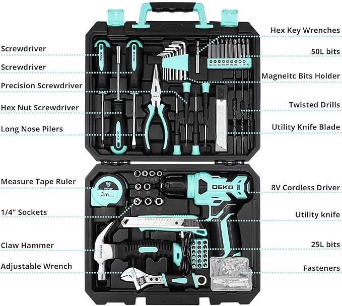 DEKOPRO Drill Set: Tool Set with 8V Cordless Drill, Home Tool Kit with Drill, Hand Tool Kits for Women 126 Piece, Turquoise