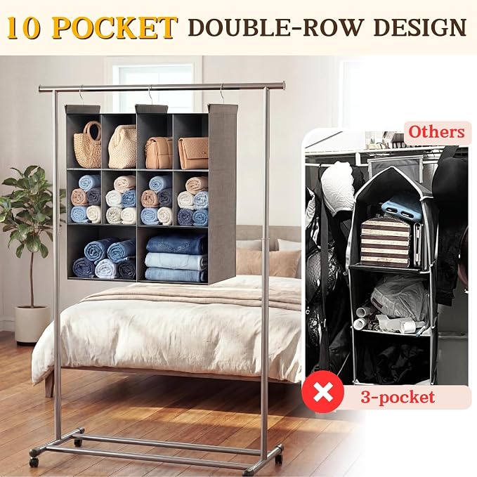 Ofiray-home 3 Tier Hanging Closet Organizer, 10 Compartments Sweater Organizer for Closet with 3 Sturdy Hooks, Closet Organizers and Storage, Wardrobe, Rv, Garment Rack, Grey
