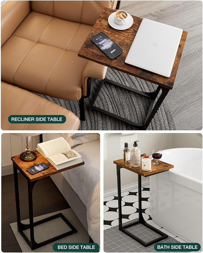 C-Shaped Side Table for Couch - Small Coffee Stand Sofa Tray Desk with Metal Frame and Waterproof Scratch Resistant, Modern End Accent for Living Room, Bedroom, Small Spaces, Rustic Brown