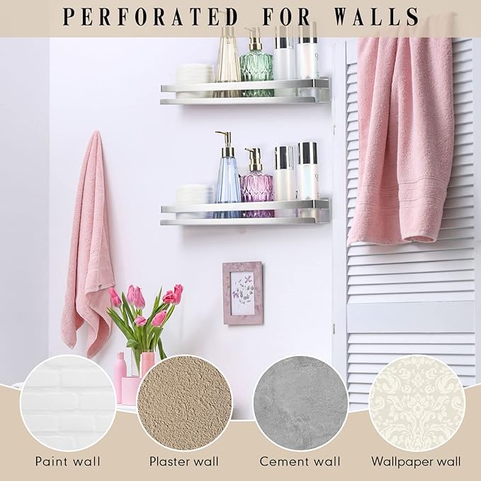 Lallisa 2 Pieces Stainless Steel Shelf Bathroom Shower Floating Shelves Wall Mounted Shower Caddy Basket Shelf Storage Organizer Shelves for Bathroom, Kitchen, Living Room(15.75 Inch/ 40 cm,Silver)