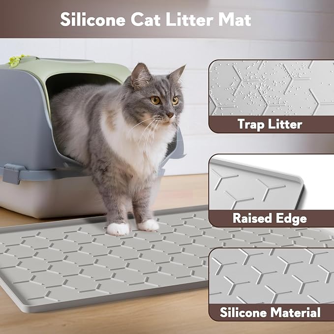 Garoopion Cat Litter Box Mat, Silicone Kitty Litter Mat, 24" X 16" Waterproof Silicone Pad for Floor, Light Gray