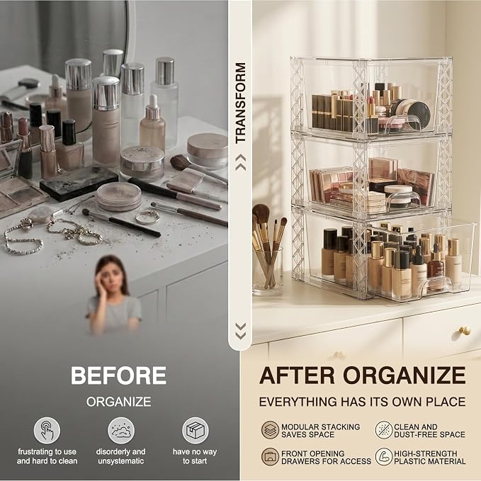 Bathroom Organizers and Storage Boxes 4pack, 7in Stackable Storage Drawers Plastic Simply Assembled Containers Bins Suitable for Cosmetics, Bathroom, Kitchen, Cabinets, and Snack Storage Boxes