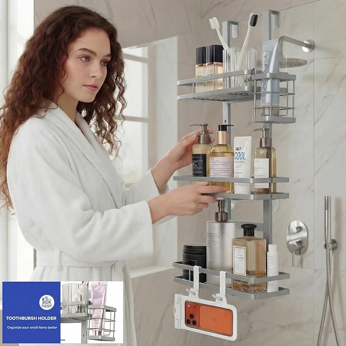 Over the Door Shower Caddy Hanging, Rustproof Shower Shelves with Waterproof Phone Pouch, Adjustable Bathroom Organizers and Storage, No Drilling Shampoo Soap Shelf (Silver 3-Tier)