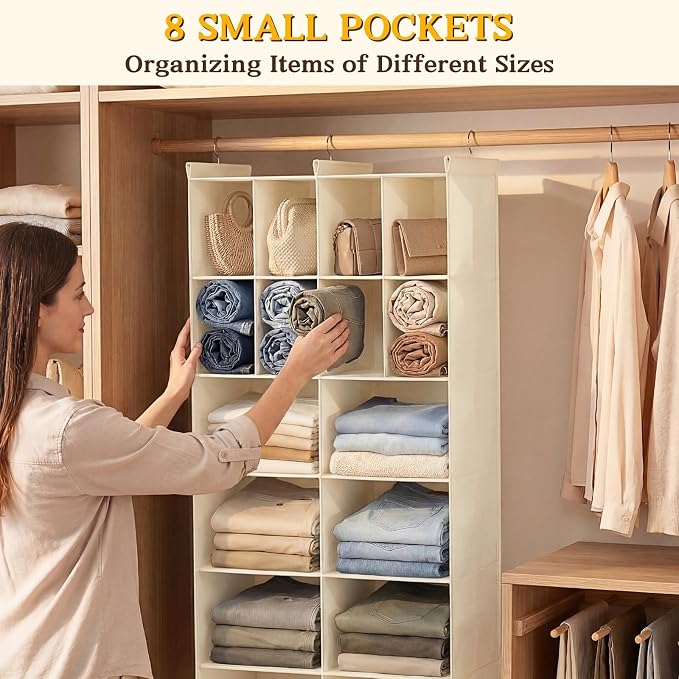 Ofiray-home 6 Tier Hanging Closet Organizer, 16 Compartments Sweater Organizer for Closet with 3 Sturdy Hooks, Closet Organizers and Storage, Wardrobe, Rv, Garment Rack, Beige