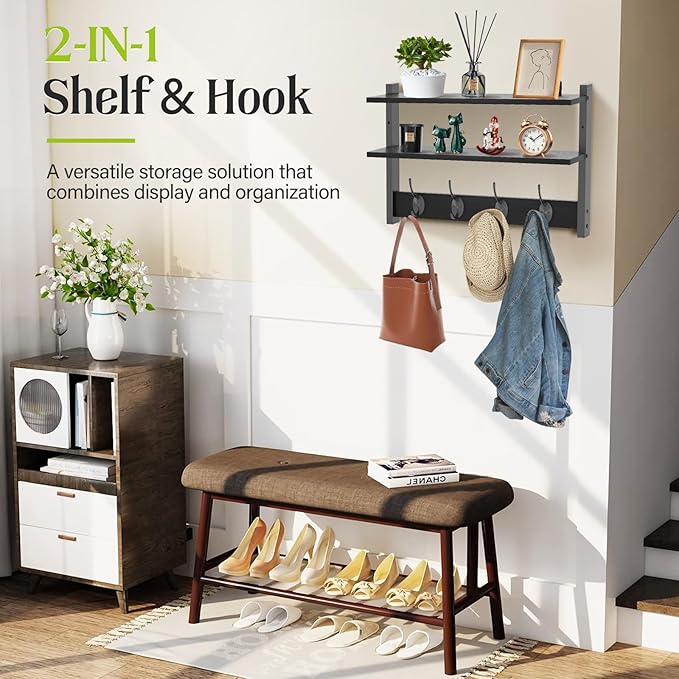 Two-Tier Wall Shelf with Hooks, 17" Coat Rack Wall Mount with Shelf, Entryway Key Hooks for Wall with Heavy Duty Double Hooks, Coat Hook Wall Mounted for Bedroom, Living Room, Black
