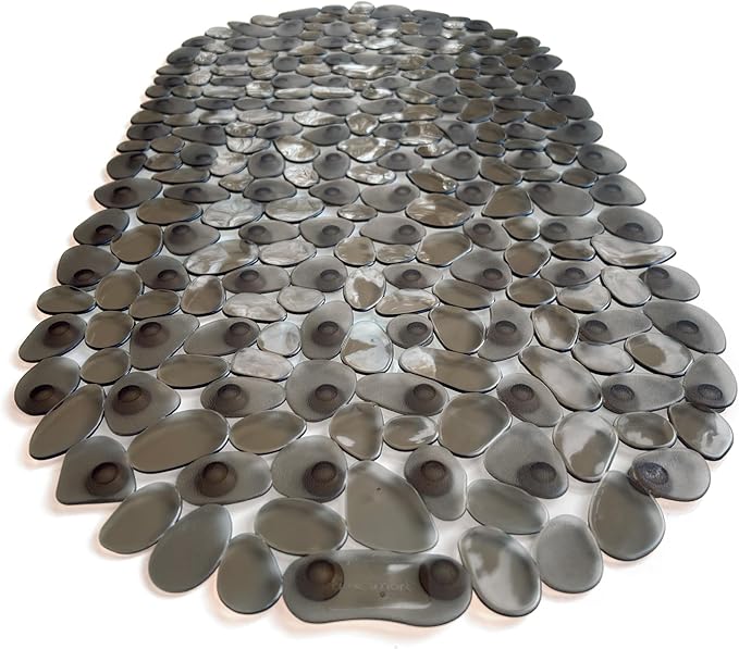 “Pebbles” Non-Slip Bathtub & Shower Mat 27”x14” Oval - Non-Toxic - Safe, Clean, Machine-Washable, Superior Grip & Drainage, Vinyl, for Smooth Floors ONLY, Transparent Brown
