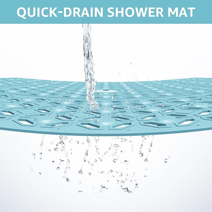 OTHWAY Square Shower Mat, 27"x 27" Extra Large Shower Mats for Inside Shower, TPE Anti Slip Shower mat with Suction Cups Drain Holes, Machine Washable Shower Floor Mat (Blue)