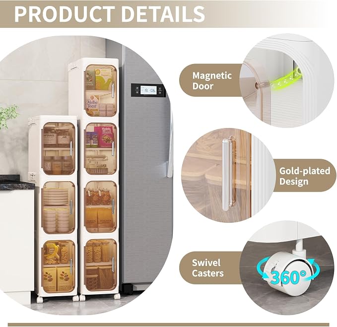 5-Tiers Slim Bathroom Storage Cabinet, Foldable Storage Cabinets,Narrow Bathroom Storage,Movable Bathroom Storage Organizer for Small Spaces,Bathroom,Kitchen,Laundry, Beige