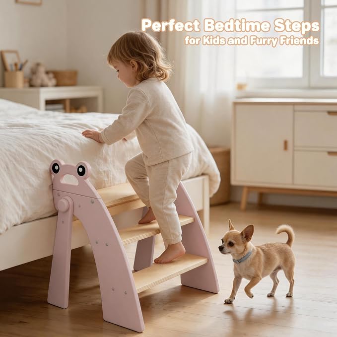Step Stool for Toddlers, 3-Step Kids Step Stool for Bathroom Sink, Foldable Toilet Potty Training Bamboo Wooden Stool with Handles and Non-Slip Pads for Bedroom, Kitchen Stool Helper, Pink