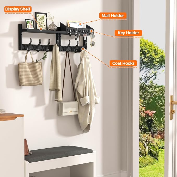 Evermagin 29" Coat Rack Wall Mount with Shelf, 4 in 1 Wall Mounted Coat and Key Hanger with 11 Hooks, Entryway Key Holder with Mail Holder for Living Room, Bedroom, Black