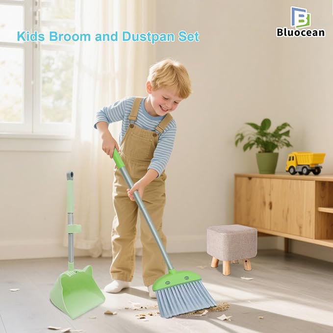 28'' Kids Mini Broom and Dustpan Set - Toddler Cleaning Toy, Toddler Household Helper, Parent-Child Interactive Play Cleaning Tool, Cute Cartoon Design, Small Safe Corner Broom (Green)