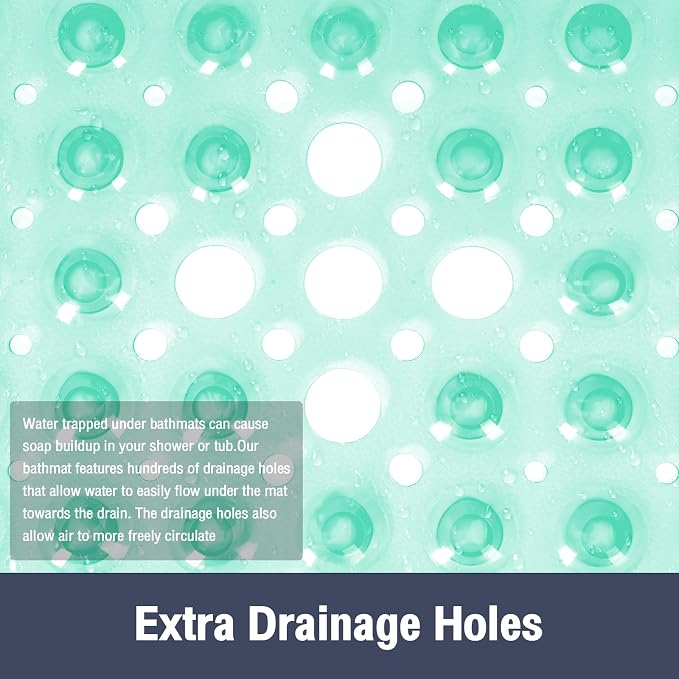 Square Shower Bathtub Mat Non Slip for Inside Shower Clear Green 21x21 Inch, Shower Stall Mats for Bathroom Floor, Soft Bath Mat for Tub with Big Suction Cups Drain Holes, Easy Washable Dry