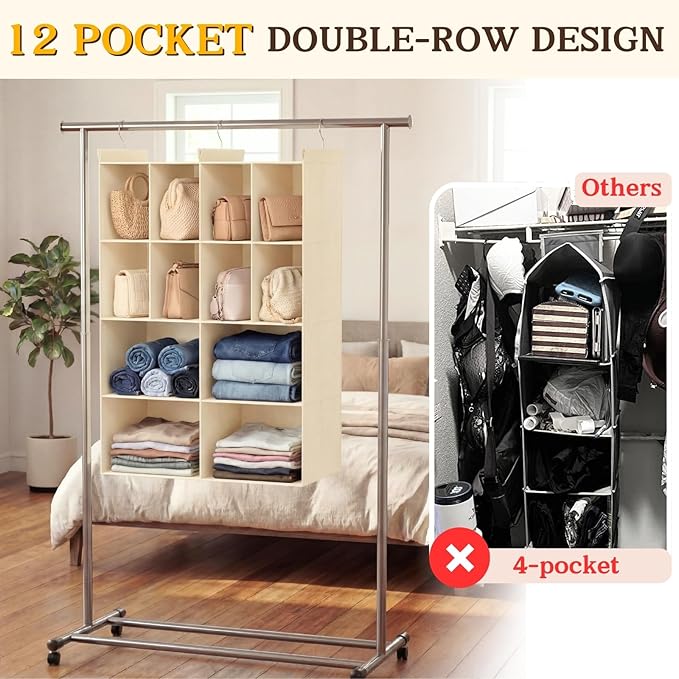 Ofiray-home 4 Tier Hanging Closet Organizer, 12 Compartments Sweater Organizer for Closet with 3 Sturdy Hooks, Closet Organizers and Storage, Wardrobe, Rv, Garment Rack, Beige
