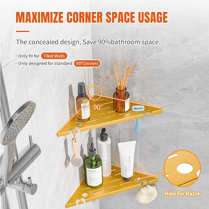 Shower Corner Shelf with Razor Hole, 304 Stainless Steel, Gold, No Drilling, Modern Style Bathroom Caddy Organizer for Tile Wall, 2 Pack