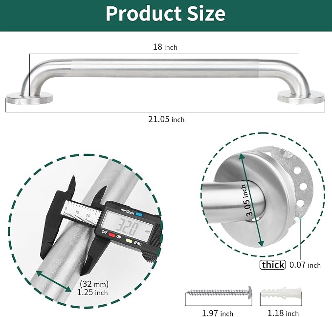 Safety Grab Bars for Bathtubs and Showers, Non Slip 304 Stainless Steel Bathroom Balance Bar, ADA Compliant Shower Handles for Elderly, Handicap, Senior & Children (Brushed Nickel, 18 Inches)