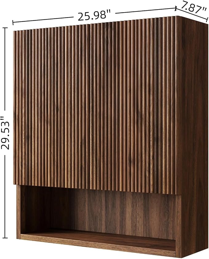USHOWER Dark Walnut Bathroom Wall Cabinet, Thickened MDF Medicine Cabinet with 2 Fluted Doors & Open Shelf, Over the Toilet Storage Cabinet for Laundry Room, Living Room, Kitchen, Wall Mounted