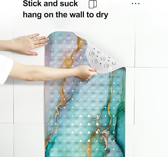 LNOND Marble Bath Tub Mat Non Slip, Extra Long 40 X 16 Inch Anti Slip Mat for Bathtub, Green Marble Shower Mat with Drain Holes and Suction Cups, Machine Washable