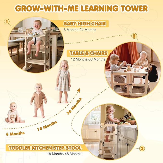 Woodure 6 in-1 Toddler Kitchen Step Stool with Wooden Stool, Foldable Learning Standing Tower with Blackboard & Feeding Tray, Wooden Kitchen Stool Helper for Kids, 1-3 Year Old Boy Girl Gifts