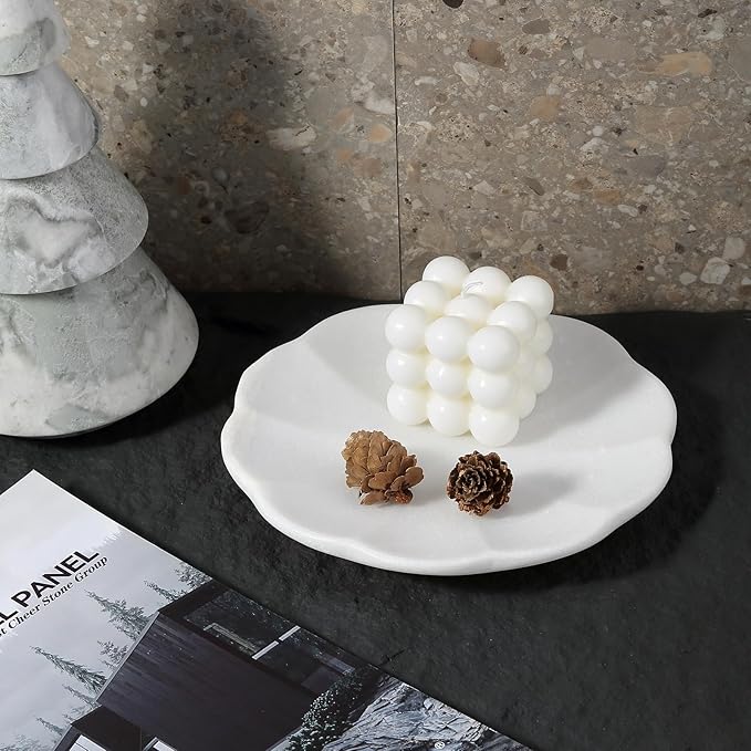 Koville Marble Tray, 8" Round Scalloped Marble Vanity Tray for Jewelry Trinket Perfume, Natural Stone Tray for Bathroom Kitchen Dresser Countertop, Decorative Catchall Tray Home Decor(White)