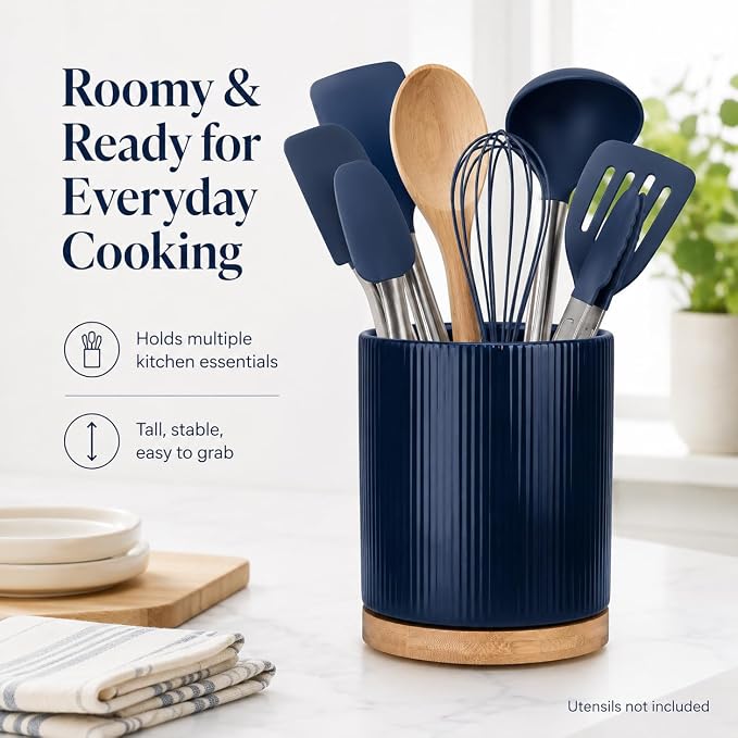 QUELIEN Utensil Holder, 360° Rotating Ceramic Kitchen Utensil Holder for Countertop, 7.7" Utensil Crock for Kitchen Counter with Rotatable Wooden Base,Ideal Housewarming Gift & Mothers Day Gift