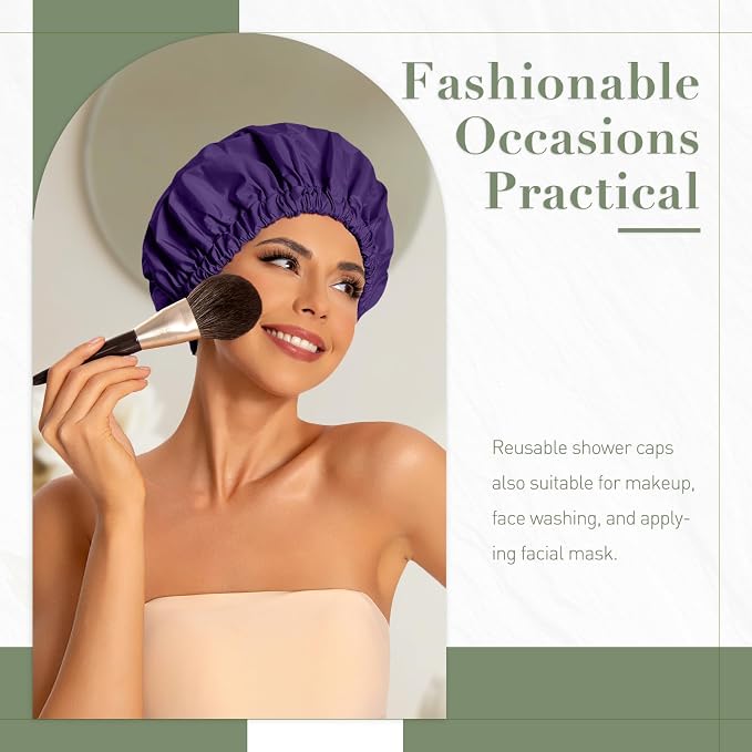 Reusable Shower Cap for Women, Large Waterproof Shower Bonnet with Elastic Band, Washable Bath Hair Cap for Long, Curly Hair, Braids, Daily Shower, Home Spa, Travel(Dark Purple)