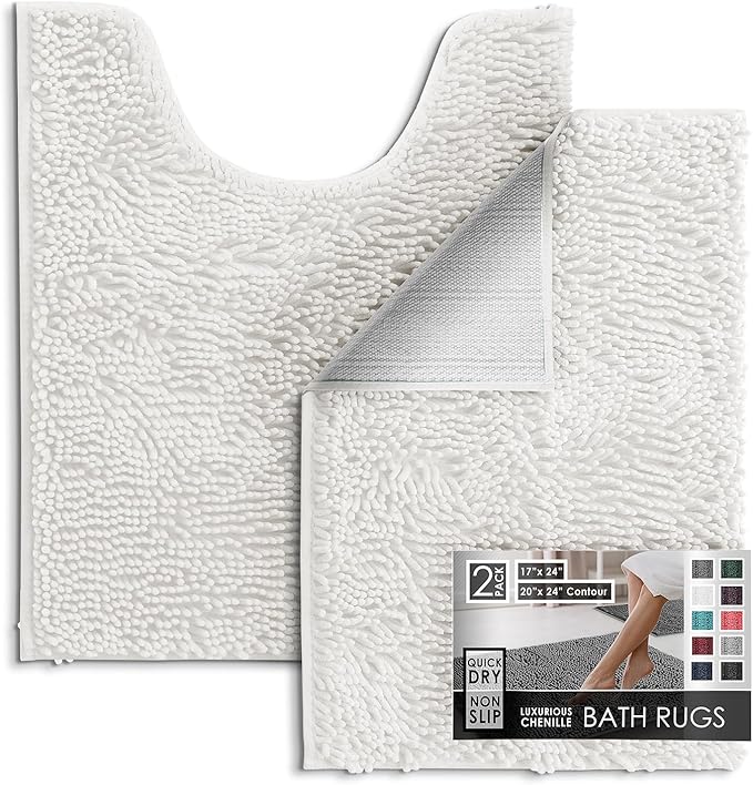 Hearth & Harbor Bathroom Rugs, Chenille Bath Mat - Machine Washable Bath Mats for Bathroom Non-Slip Backing Rubber, Quick Dry Bathroom Mat - White 17x24-20x24