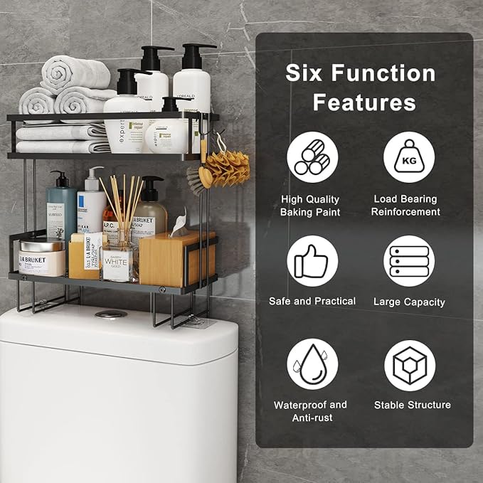 FLOLXNB Over The Toilet Storage Shelf, 2-Tier Bathroom Storage Organizer Upgrade Punch-Free Toliet Storage Shelf, Home Storage Rack with Hooks Shelf,Black