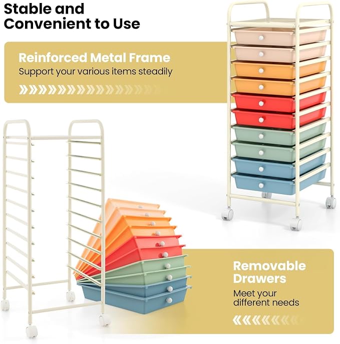 10-Drawer Rolling Storage Cart, Trolley w/Lockable 360° Wheels, 10 Removable PP Drawers, Sturdy Metal Frame, Rolling Utility Cart Perfect for Home, Office, Classroom (Macaron)