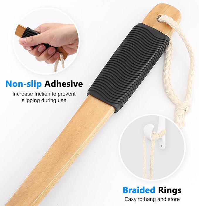 FORENEE Long Loofah with Handle, Back Scrubber for Shower, Loofah on a Stick (19.09"), Black & White 4.72" Jumbo Mesh PE Pouf, Waterproof Coated Wooden Handle, Non-Slip Grip, Hanging Loop, Men & Women