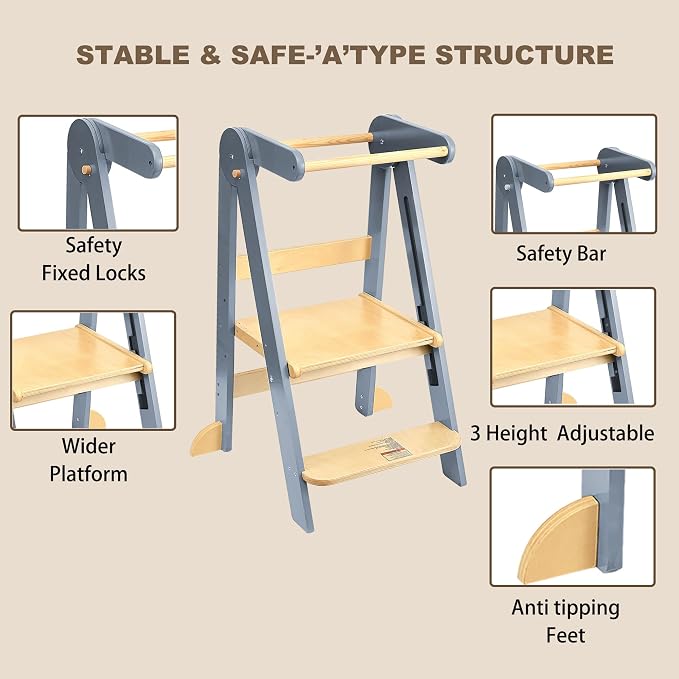Foldable Toddler Tower Preassembled Kitchen Stool, Folding Tower for Learning with 3 Adjustable Heights Montessori Toddler Standing Tower for Kids Collapsible Wooden Step Stool, Light Gray