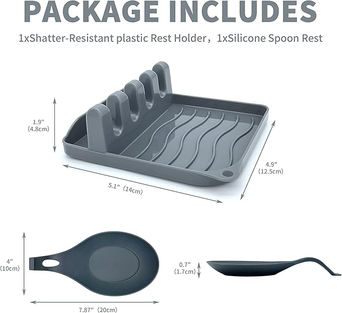 2 Pack Multiple Utensil Spoon Rest with Drip Pad Non-Slip Heat Resistant Kitchen and Grill Spoon Holder for Spatula, Ladle, Tongs, Kitchen Gadgets, and Cooking Accessories (Silver Gray)
