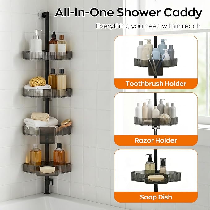 Corner Shower Caddy Extendable Rustproof Shower Organizer Adjustable 4-Tier Bathroom Shelves Anti-Tipping Bathtub Shampoo Storage Floor Standing Bath Rack 45-75 Inch No-Drill Quick Installation