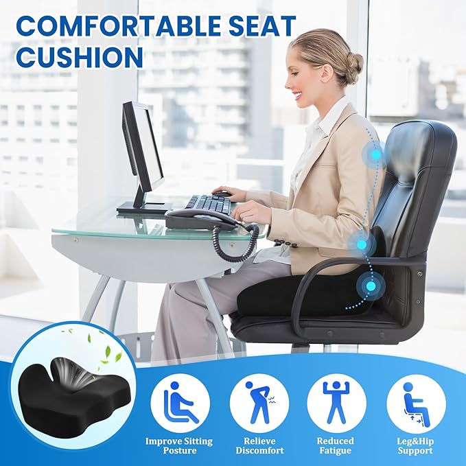 CushZone Seat Cushion, Ergonomic Memory Foam Seat Cushions for Office Chairs, Car, Long Trip, Desk Chair, Lab, Extra Large Size for Sciatica & Hip & Tailbone Pain Relief, Sciatica Support (Black)