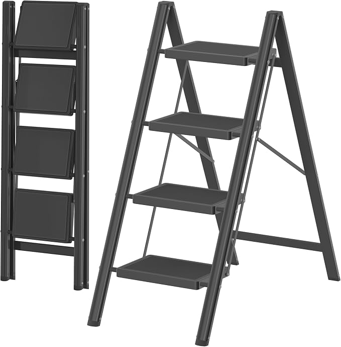 DIAMONDFORGE 4 Step Ladder, Folding Step Stool with Anti-Slip Wide Pedal, Anti-Slip Feet, Sturdiest Steel Construction, Steel Ladder for Home and Office, Black