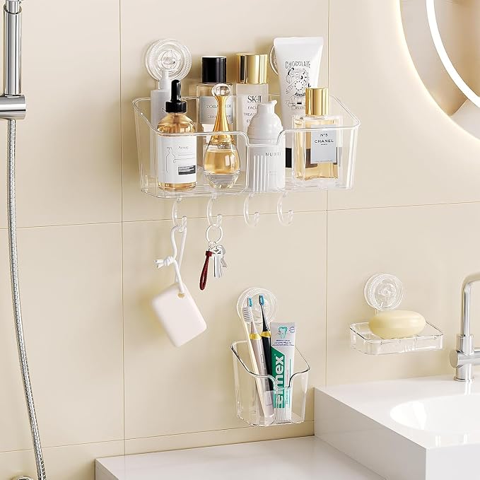LUXEAR Suction Cup Shower Caddy Clear - Shower Caddy+Soap Dish+Toothbrush Holder - 1 Second Installation NO-Drilling Removable Powerful Waterproof Shower Organizer for inside Shower Bathroom