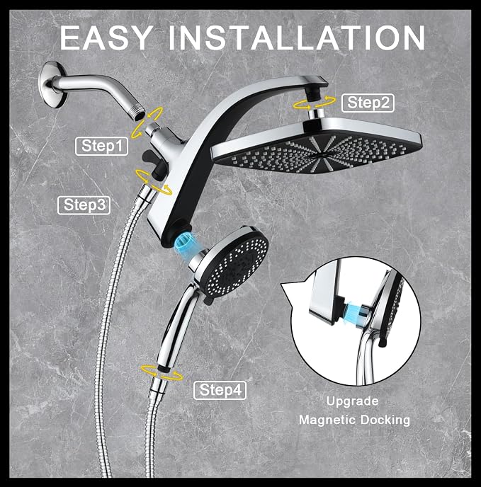 BOZYBO Rain Shower Head with Handheld: High Pressure Shower Heads with Handheld Spray Combo, 12" Rainfall Shower Head and 9 Sprays Hand Showerheads with Magnetic Docking and Power Jets, Chrome