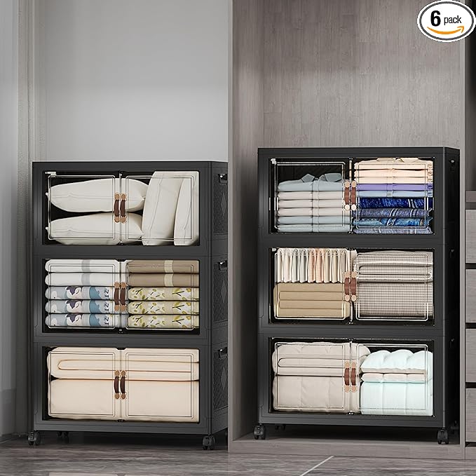 UAMFURI Stackable Storage Bins with Lids, 1050QT Closet Organizers and Storage with Doors and Wheels, Extra Large Storage Cabinet, Collapsible Plastic Drawers for Bedroom Dorm Office Garage