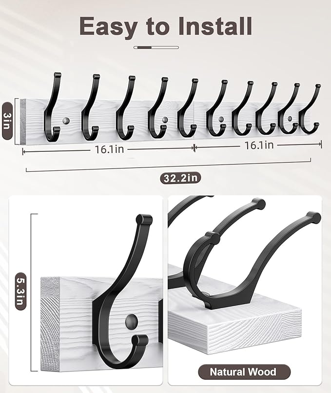 Optish 1 Pack Wooden Coat Rack Wall Mount, 16.1" Rustic Coat Hanger Hooks with 5 Double Hooks, Wall Coat Rack for Hat, Clothes, Bags, Jacket, White